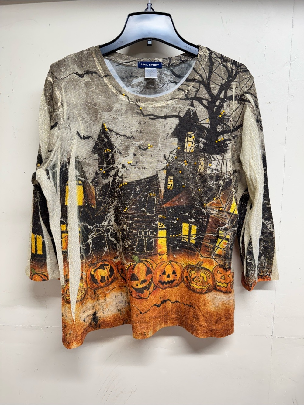 SML Sport Vintage 3/4 Sleeve Halloween Themed Sweater Metallic Spooky Size Large